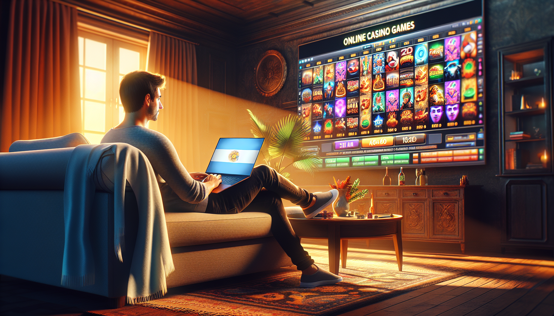 Experiencia de usuario en línea en BPLAY Santa Fe Argentina Usuario argentino jugando en BPLAY Santa Fe desde casa con banner de código promocional