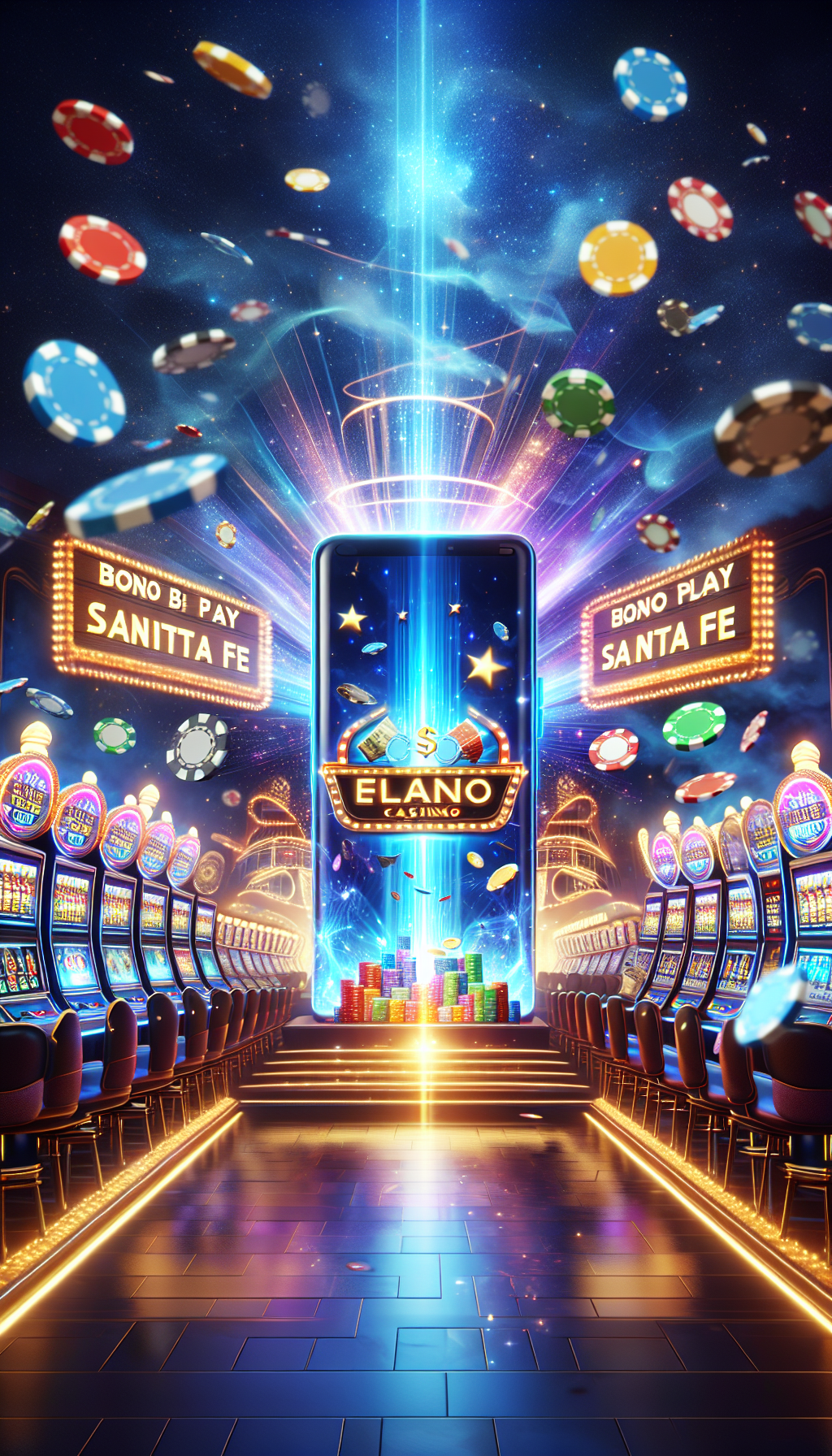 Bonos exclusivos y giros gratis en Bplay Santa Fe Ilustración digital de bonos y giros gratis en Bplay Santa Fe con fondo de casino