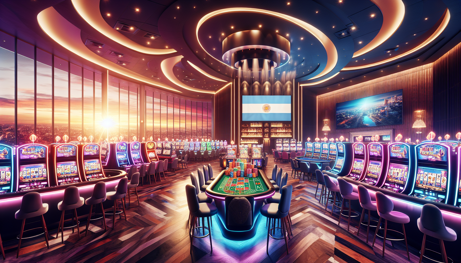 Casino Online Bplay Córdoba: Variedad y Emoción en Argentina Vista artística de un casino online en Córdoba con tragamonedas y ruleta, fondo de ciudad al atardecer