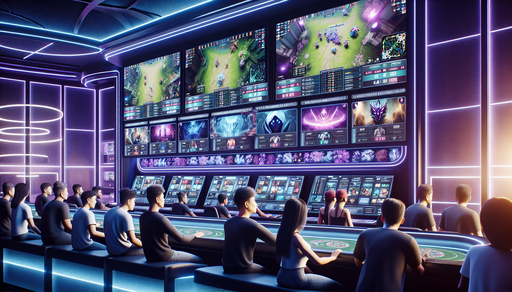 Ambiente de apuestas e-sports en BPLAY Casino Santa Fe Personas apostando en eSports en BPLAY Casino con pantallas de CS, Dota, y LoL