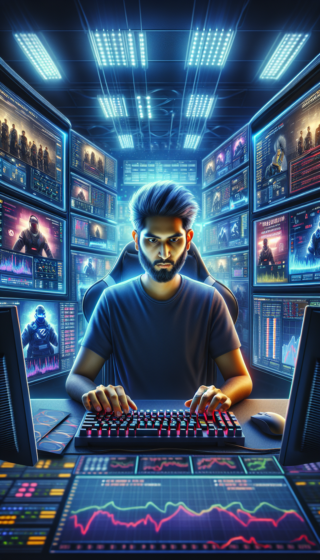 Consejos de Expertos para Apostar en e-Sports y Ganar con Estrategia Experto analizando estrategias de apuestas e-sports con monitores y gráficos