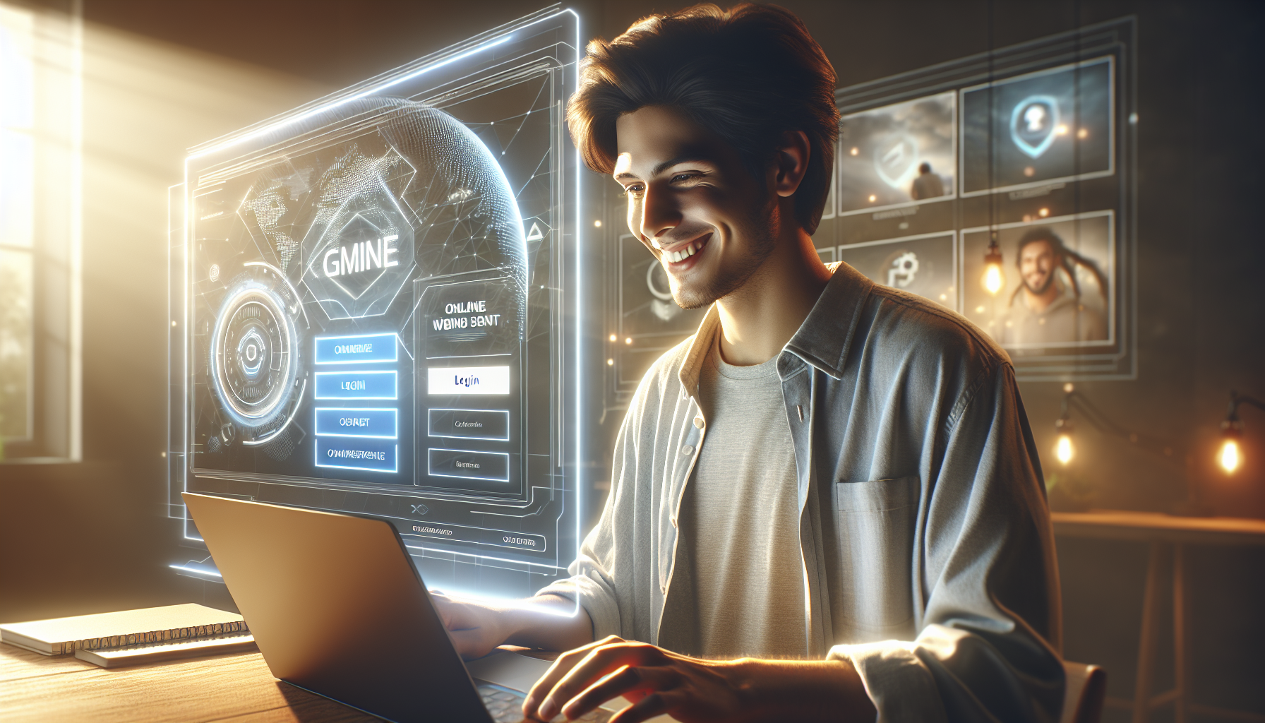 Iniciar sesión en Bplay Santa Fe: acceso fácil y seguro Hombre iniciando sesión en Bplay Santa Fe desde laptop, fondo moderno y detalles de la plataforma