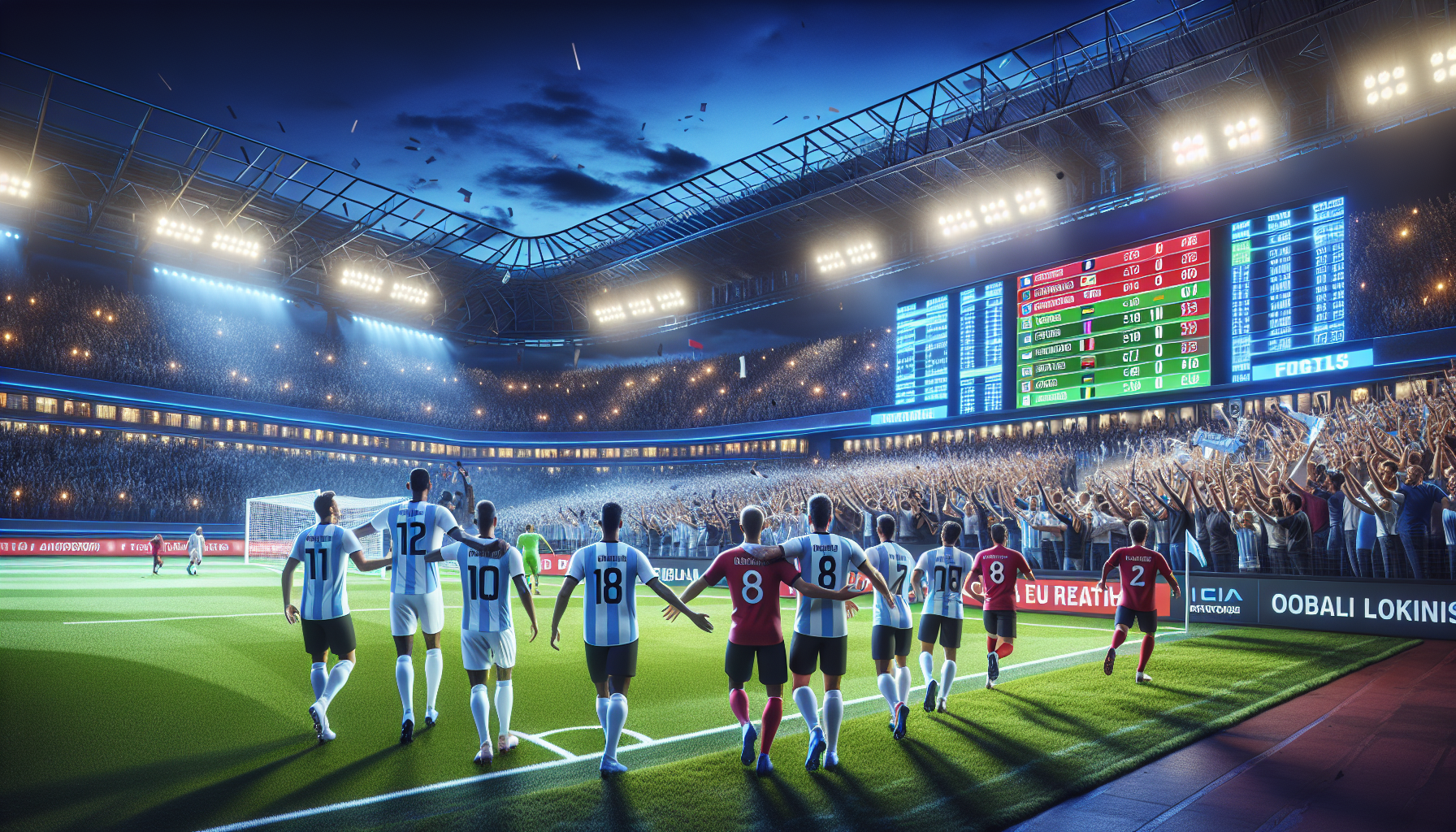 Vibrante ambiente de apuestas en vivo en fútbol argentino – BPLAY Santa Fe Aficionados y pantalla de apuestas en vivo en un estadio de fútbol argentino