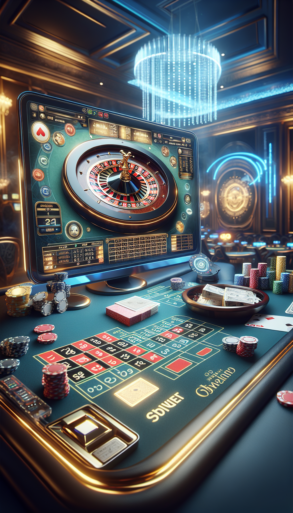 Juegos de mesa virtuales en Bplay Santa Fe Mesa de casino con ruleta, cartas y fichas en Bplay Santa Fe