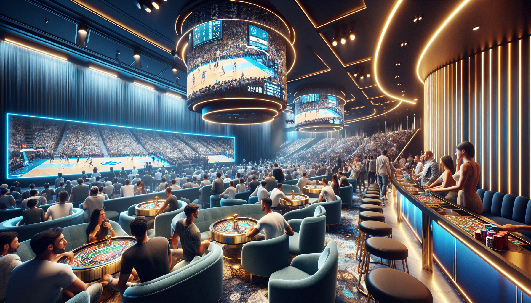 Apostadores disfrutando de un partido NBA en Bplay Casino Santa Fe con ambiente moderno.