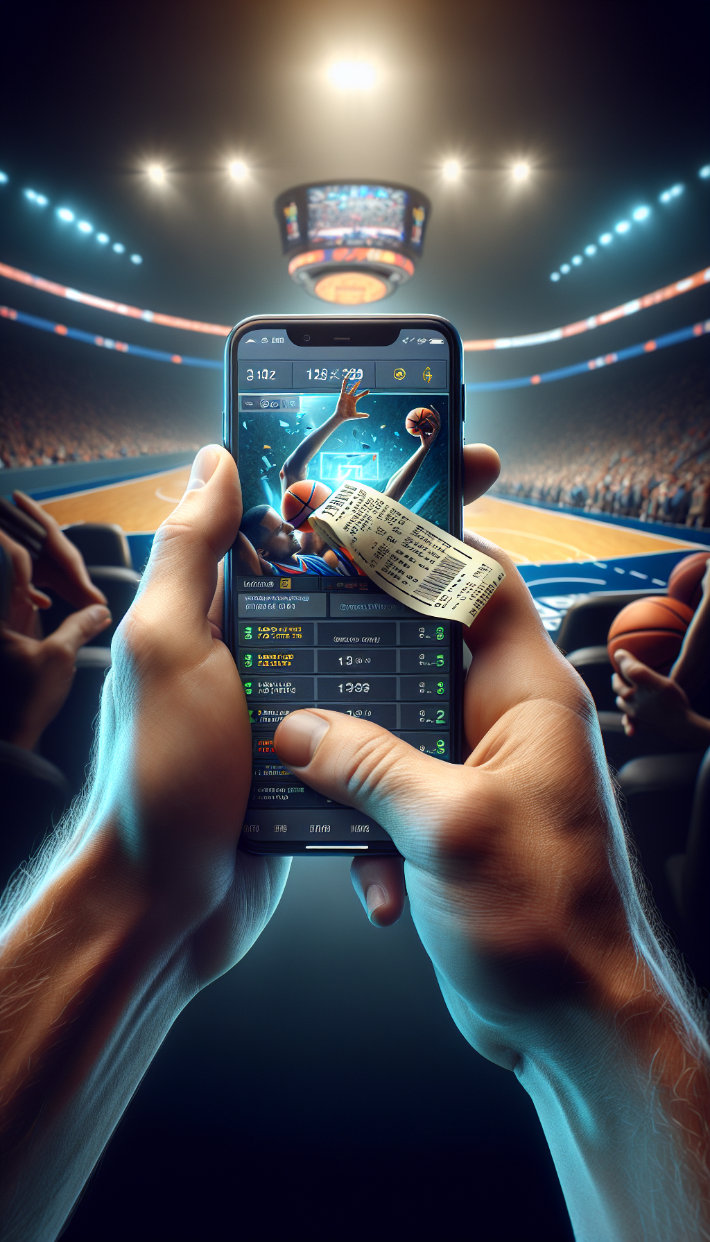 Ganador de apuesta NBA mostrando el ticket en Bplay Casino Santa Fe desde su móvil.