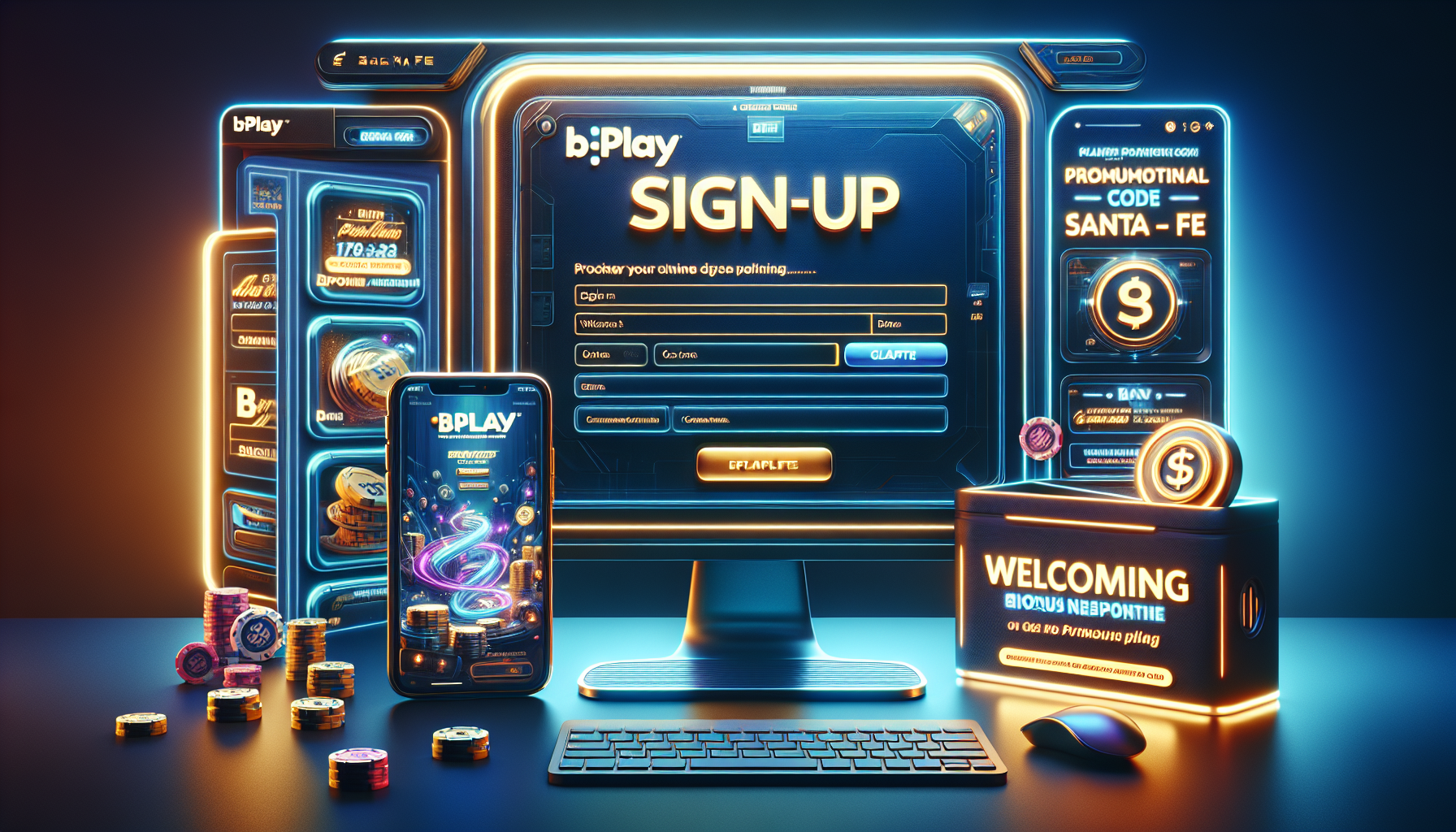 Guía para activar tu bono con código promocional en Bplay Santa Fe Proceso visual paso a paso de registro y activación de código promocional en Bplay Santa Fe.