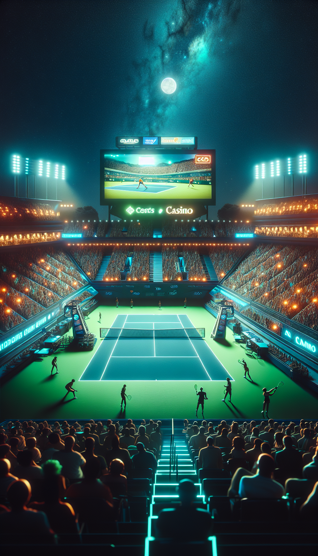 Estadio de tenis durante torneo internacional, ambiente de apuestas deportivas con marca BPLAY
